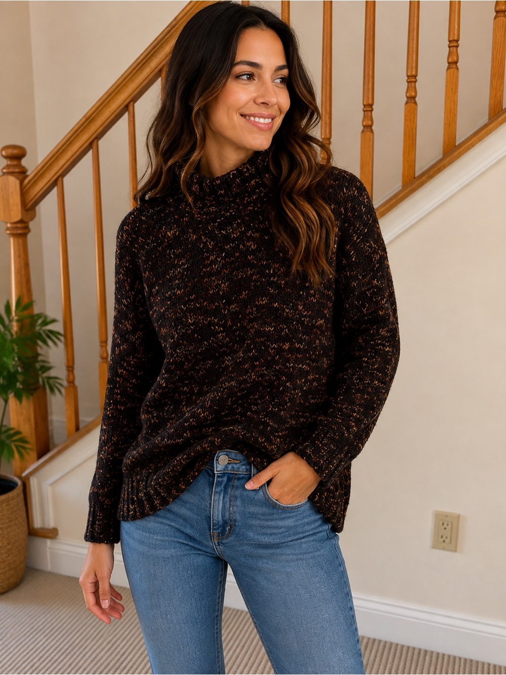 Jones New York Dark Brown Speckled Turtleneck Sweater